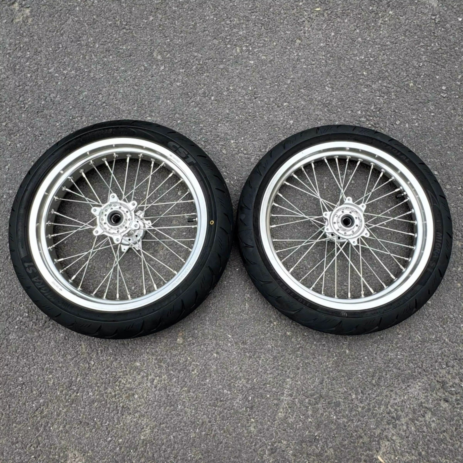 Ultra Bee supermoto wheel set — silver rims, front and rear